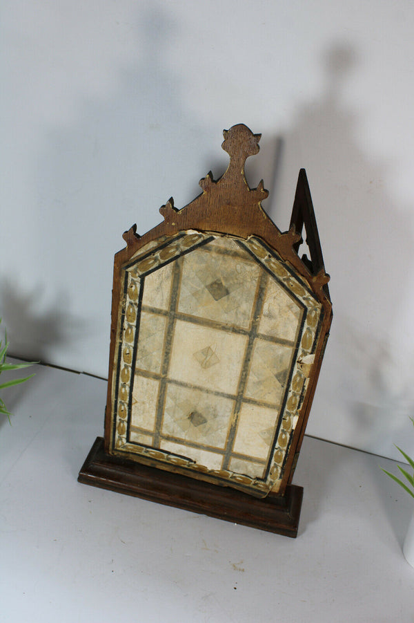 Antique belgian neo gothic wood chapel saint thomas metal enamel painting marked