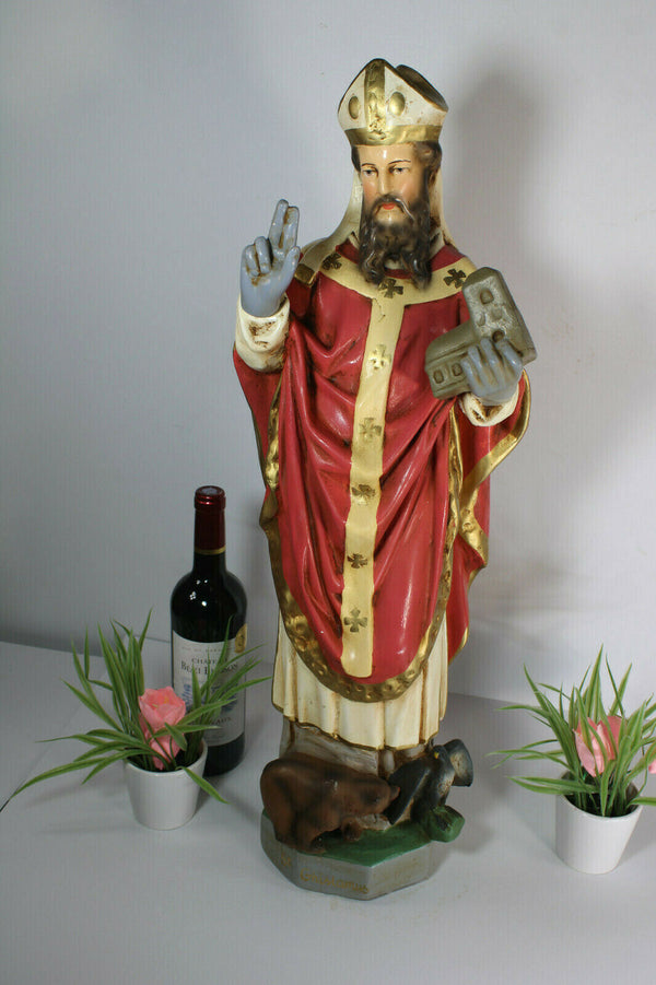 LArge rare antique french chalk plaster saint ghislain statue bear eagle bishop