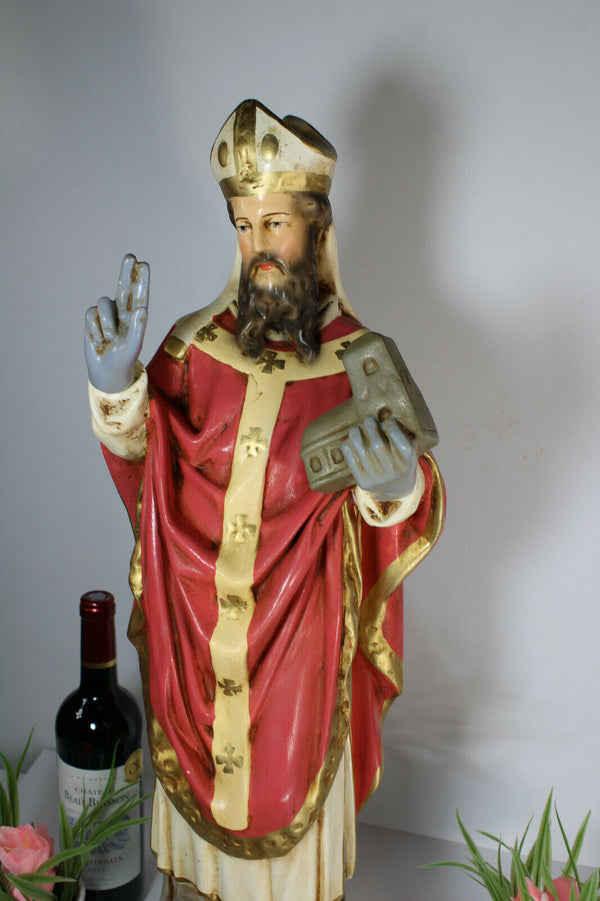 LArge rare antique french chalk plaster saint ghislain statue bear eagle bishop