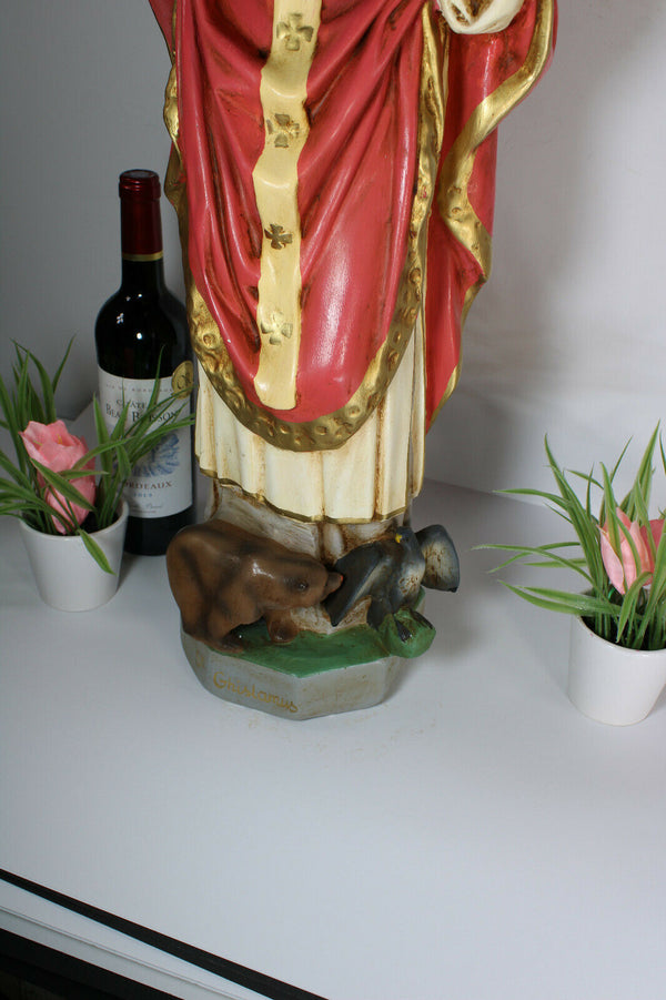 LArge rare antique french chalk plaster saint ghislain statue bear eagle bishop