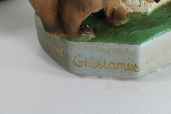 LArge rare antique french chalk plaster saint ghislain statue bear eagle bishop