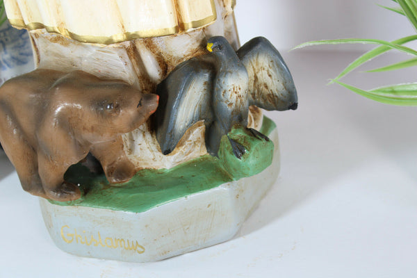 LArge rare antique french chalk plaster saint ghislain statue bear eagle bishop