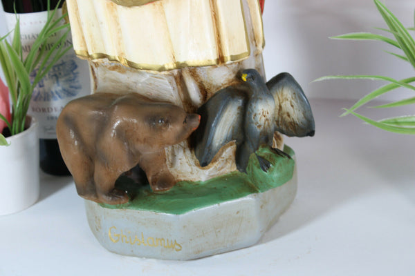 LArge rare antique french chalk plaster saint ghislain statue bear eagle bishop