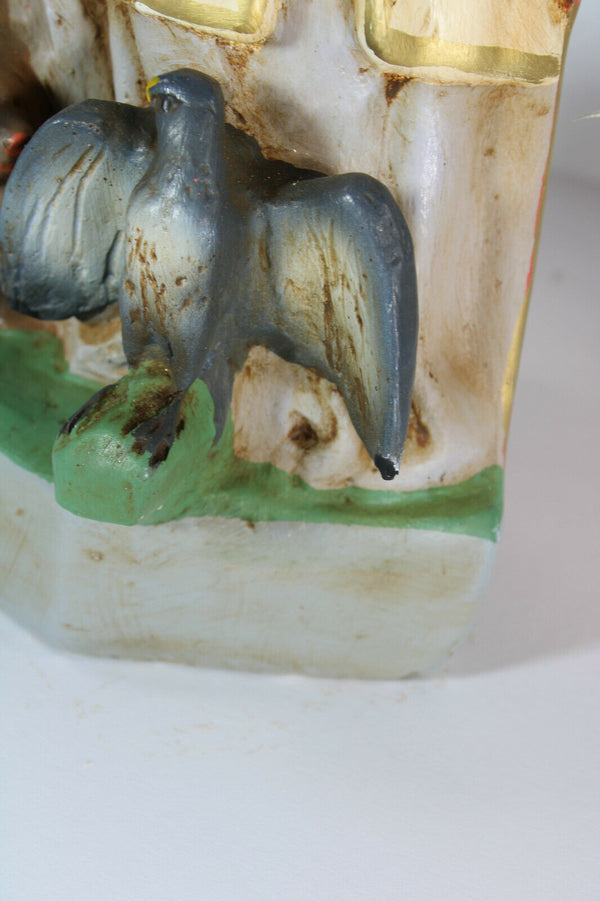LArge rare antique french chalk plaster saint ghislain statue bear eagle bishop