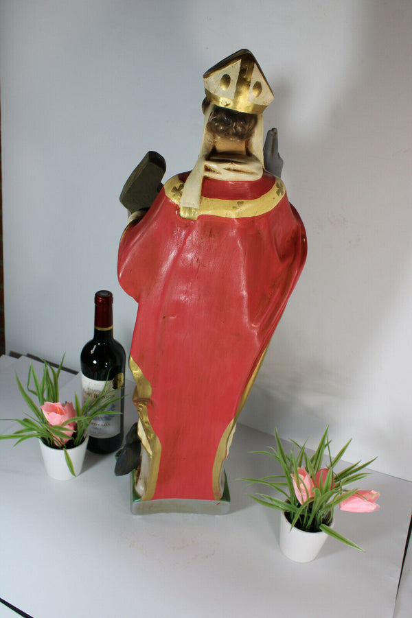 LArge rare antique french chalk plaster saint ghislain statue bear eagle bishop