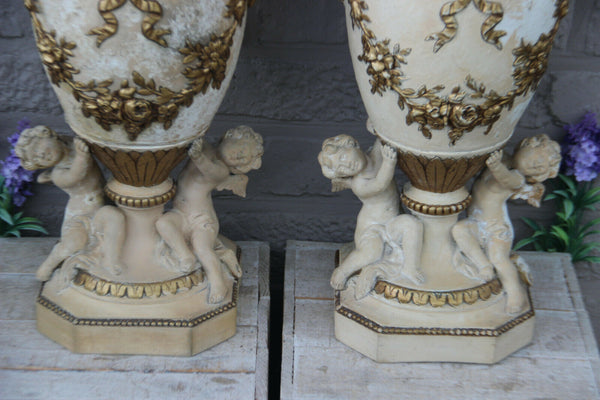 Rare French Antique XL pair terracotta ceramic Putti devil satyr head Vases rare