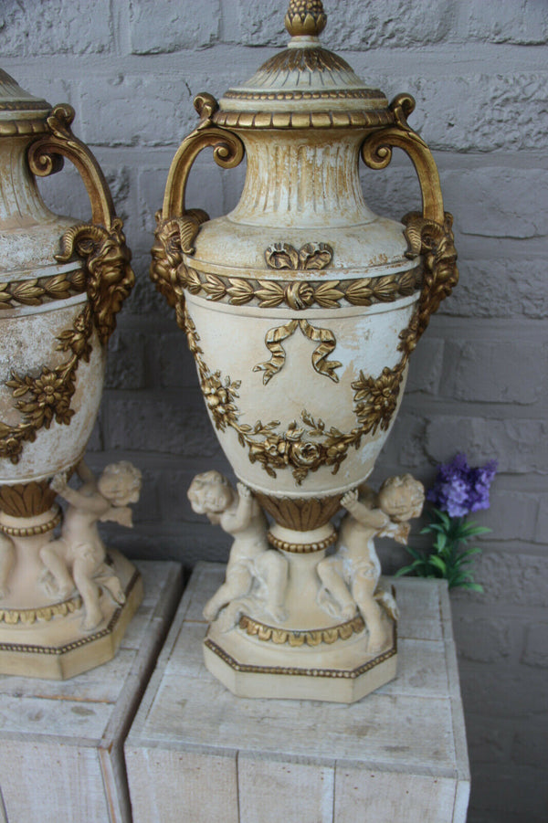 Rare French Antique XL pair terracotta ceramic Putti devil satyr head Vases rare