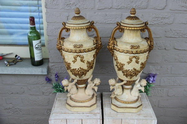 Rare French Antique XL pair terracotta ceramic Putti devil satyr head Vases rare