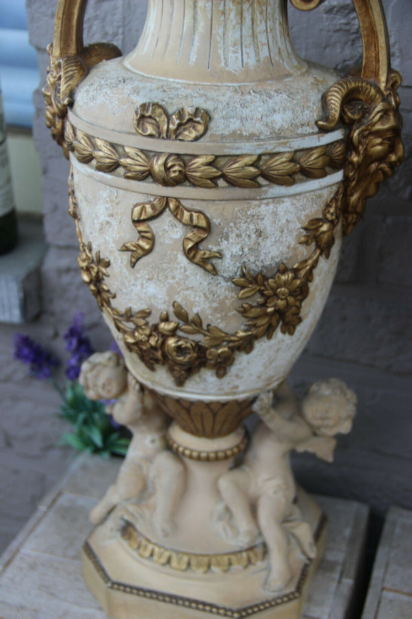 Rare French Antique XL pair terracotta ceramic Putti devil satyr head Vases rare