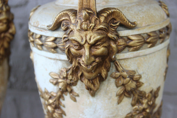 Rare French Antique XL pair terracotta ceramic Putti devil satyr head Vases rare