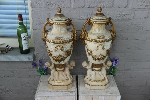 Rare French Antique XL pair terracotta ceramic Putti devil satyr head Vases rare