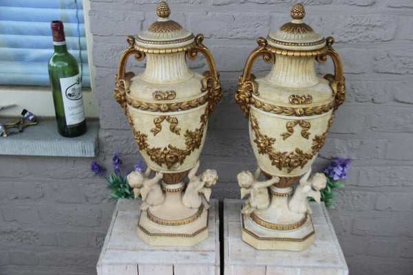 Rare French Antique XL pair terracotta ceramic Putti devil satyr head Vases rare
