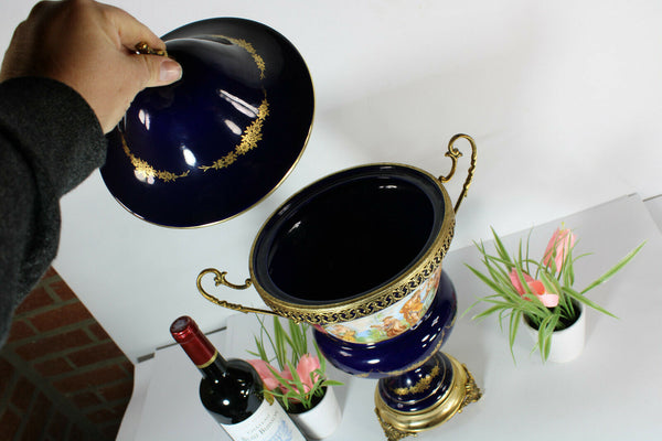 Vintage french limoges cobalt blue porcelain Centerpiece lidded bowl vase