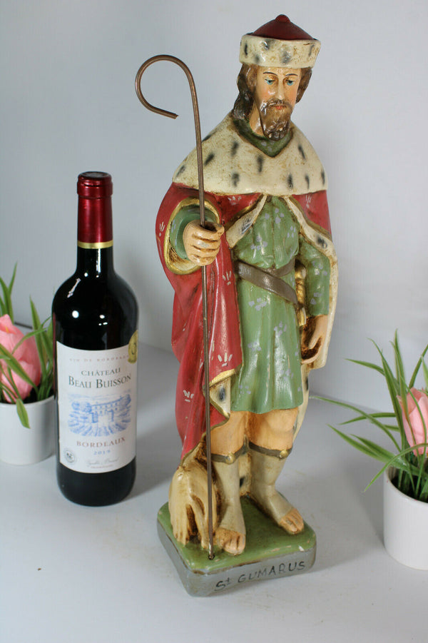 Antique flemish chalkware statue of saint gummarus of Lier Rare Religious church