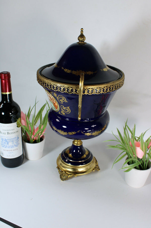 Vintage french limoges cobalt blue porcelain Centerpiece lidded bowl vase