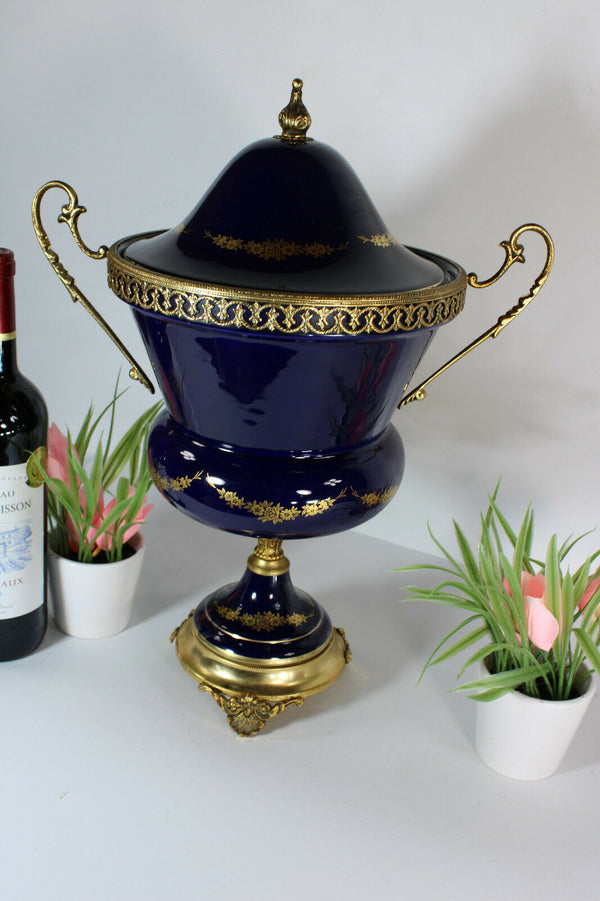 Vintage french limoges cobalt blue porcelain Centerpiece lidded bowl vase
