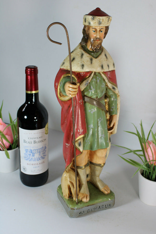 Antique flemish chalkware statue of saint gummarus of Lier Rare Religious church