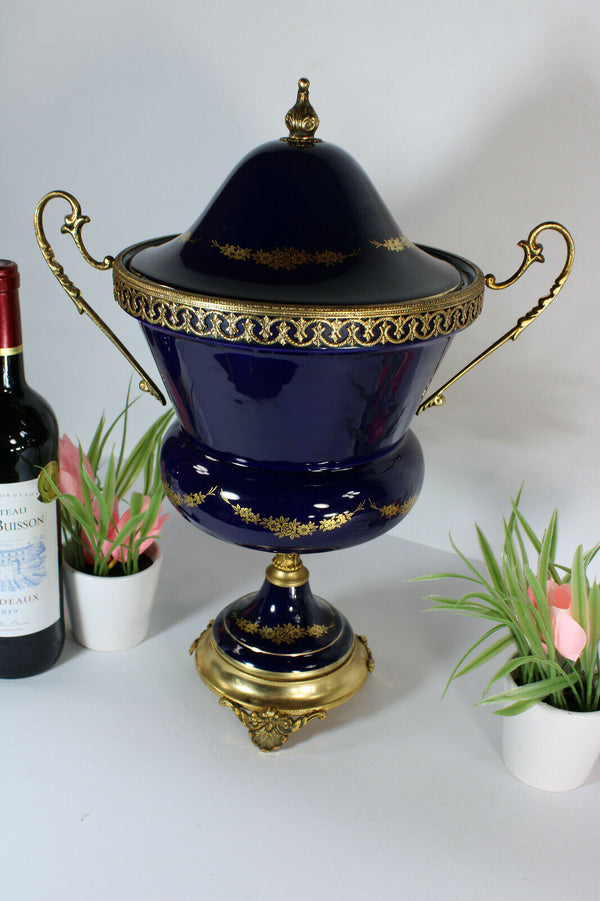 Vintage french limoges cobalt blue porcelain Centerpiece lidded bowl vase