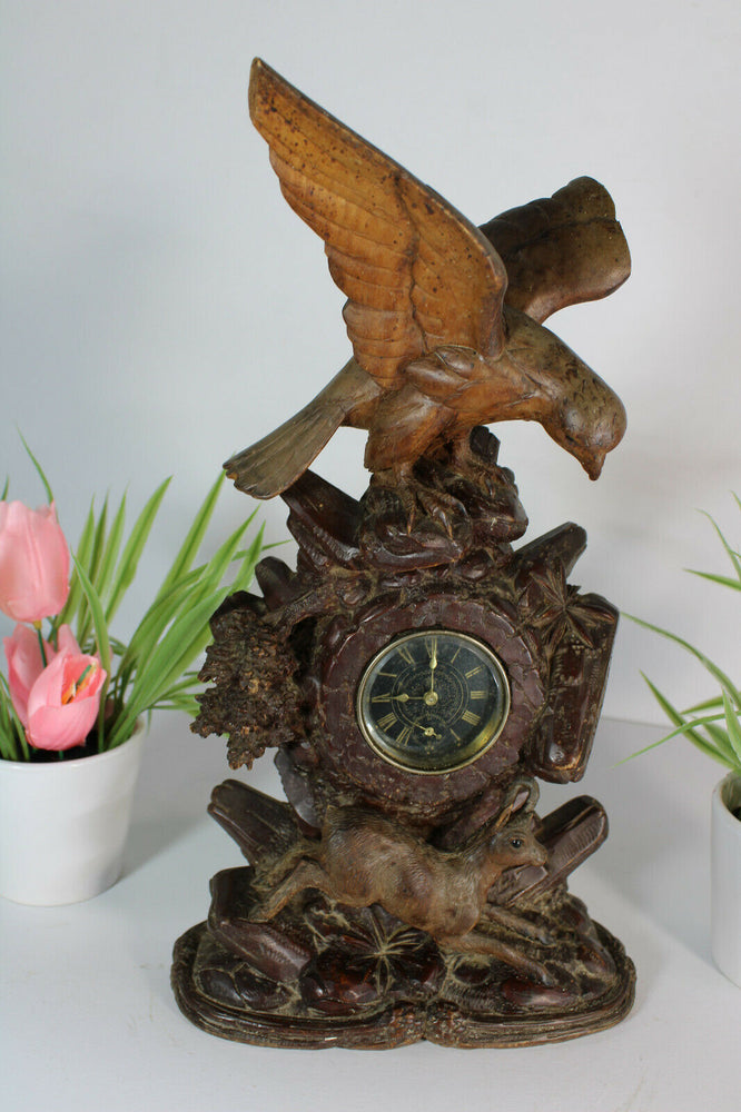 Antique german wood carved black forest mantel clock deer eagle