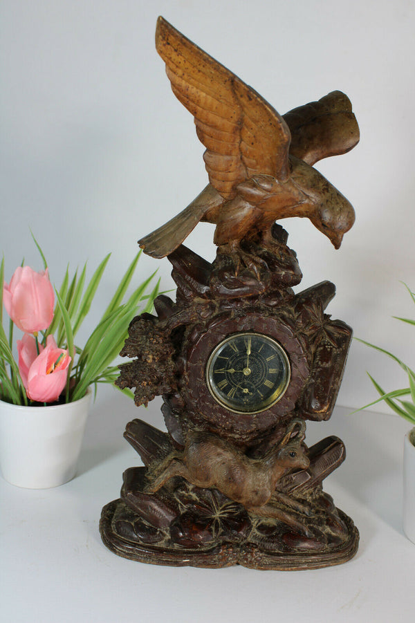 Antique german wood carved black forest mantel clock deer eagle