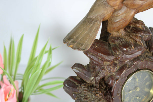 Antique german wood carved black forest mantel clock deer eagle