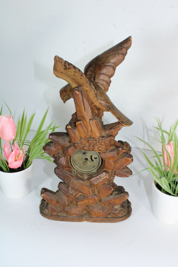 Antique german wood carved black forest mantel clock deer eagle