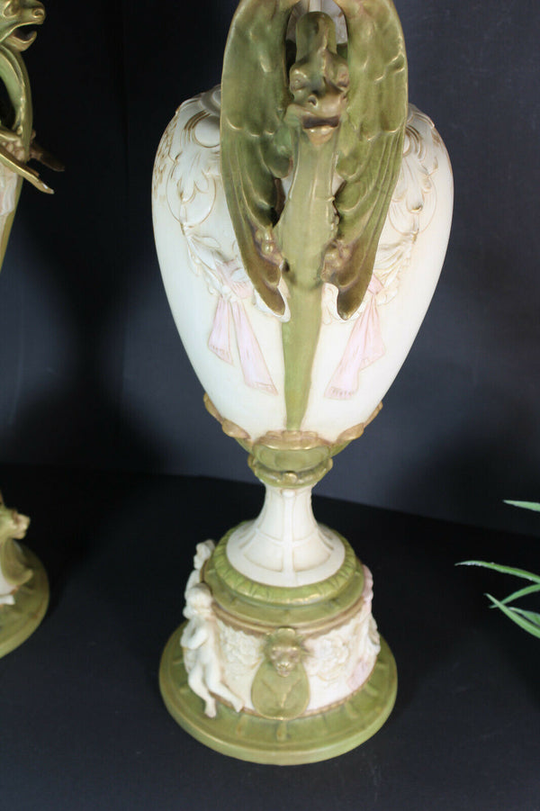 Huge rare pair ROYAL DUX porcelain ceramic Vases Dragon gothic putti vases mark