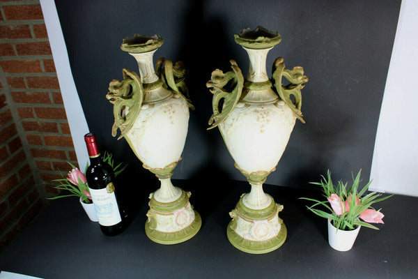Huge rare pair ROYAL DUX porcelain ceramic Vases Dragon gothic putti vases mark