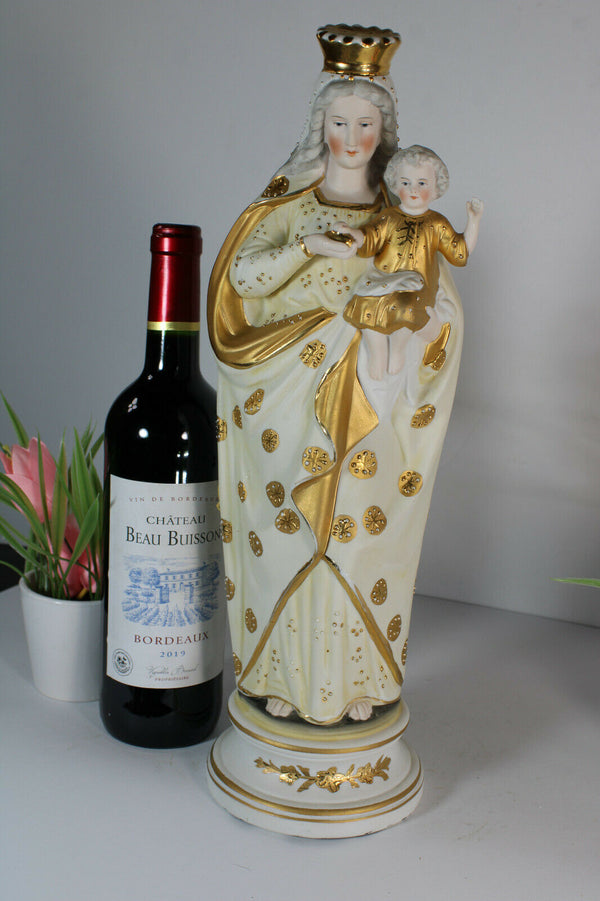 Antique french religious bisque porcelain madonna statue figurine