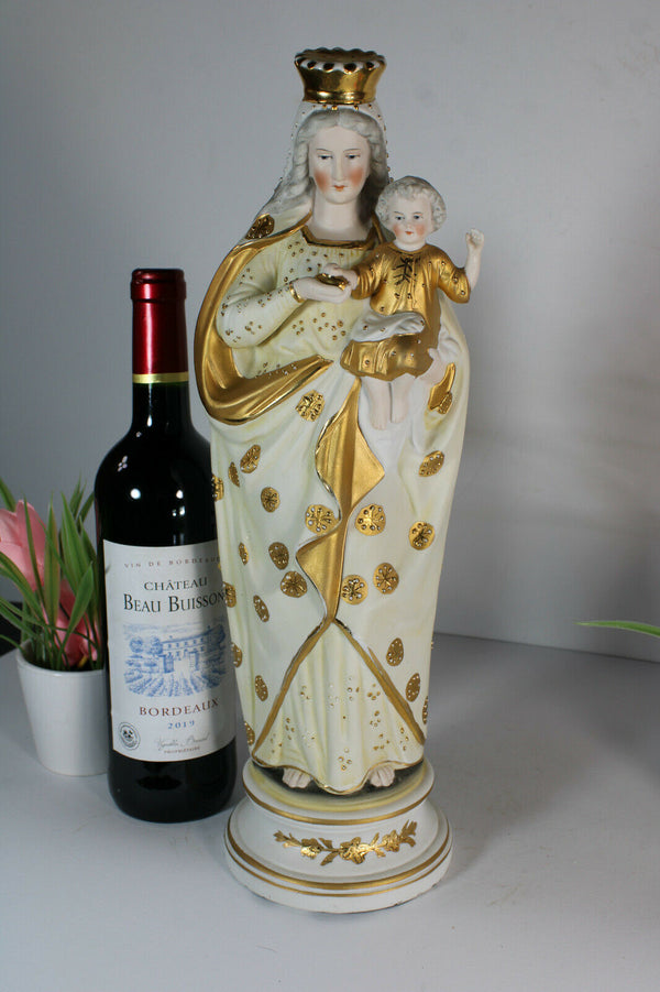 Antique french religious bisque porcelain madonna statue figurine