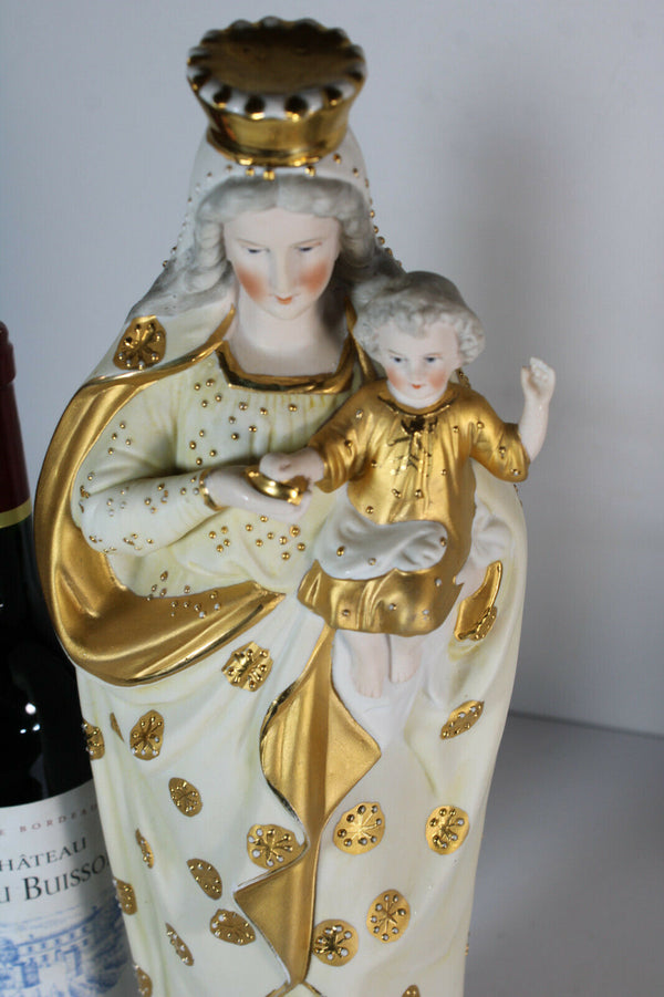 Antique french religious bisque porcelain madonna statue figurine