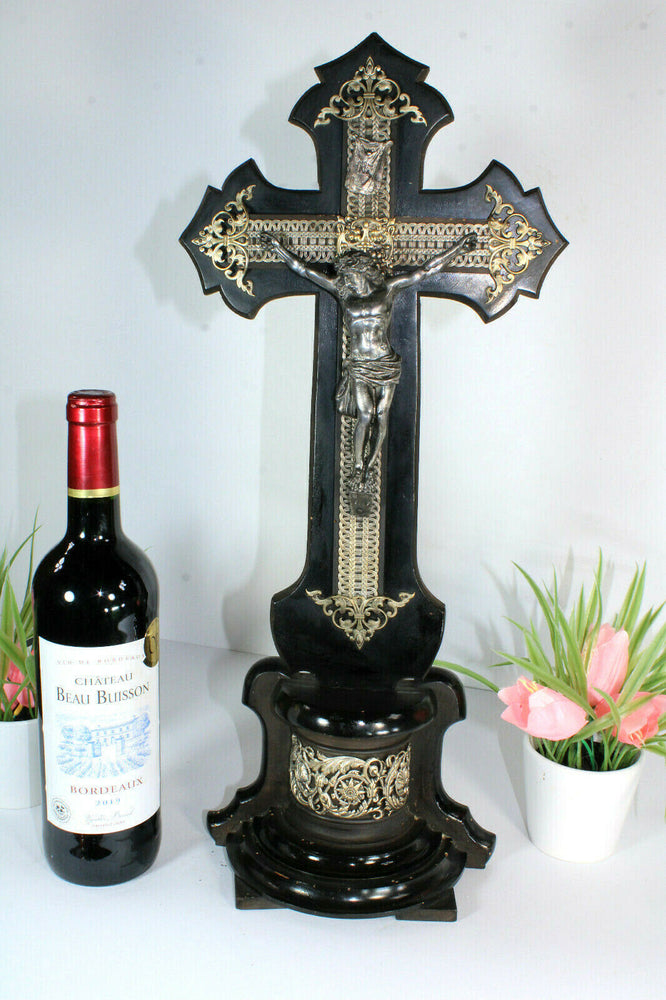 Antique 19thc Napoleon III wood carved Black lacquered Crucifix religious
