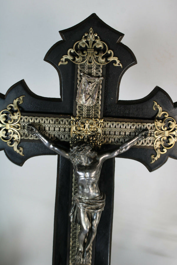 Antique 19thc Napoleon III wood carved Black lacquered Crucifix religious