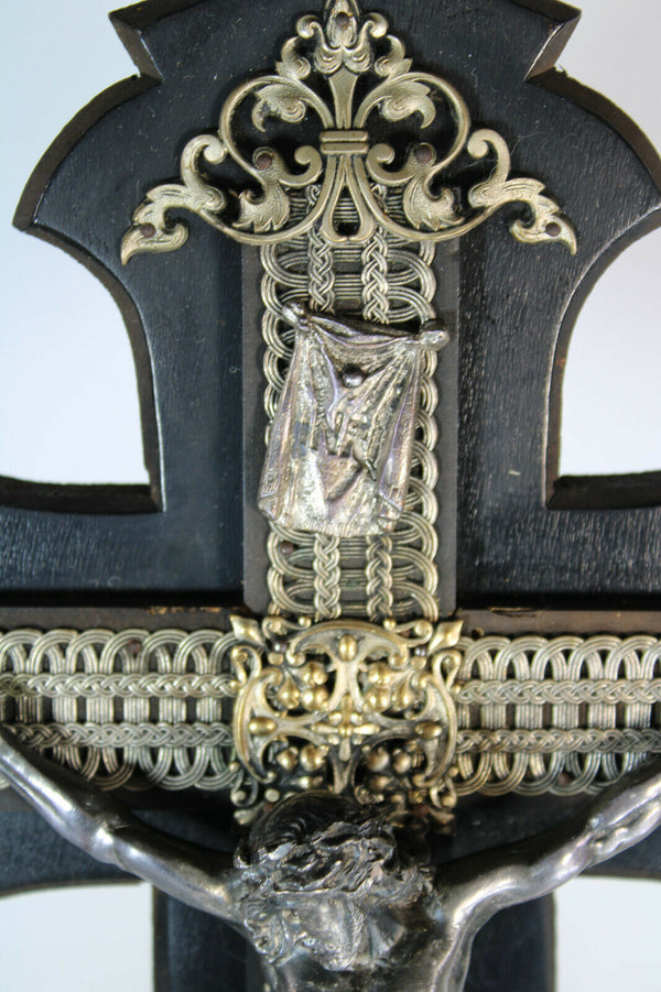 Antique 19thc Napoleon III wood carved Black lacquered Crucifix religious