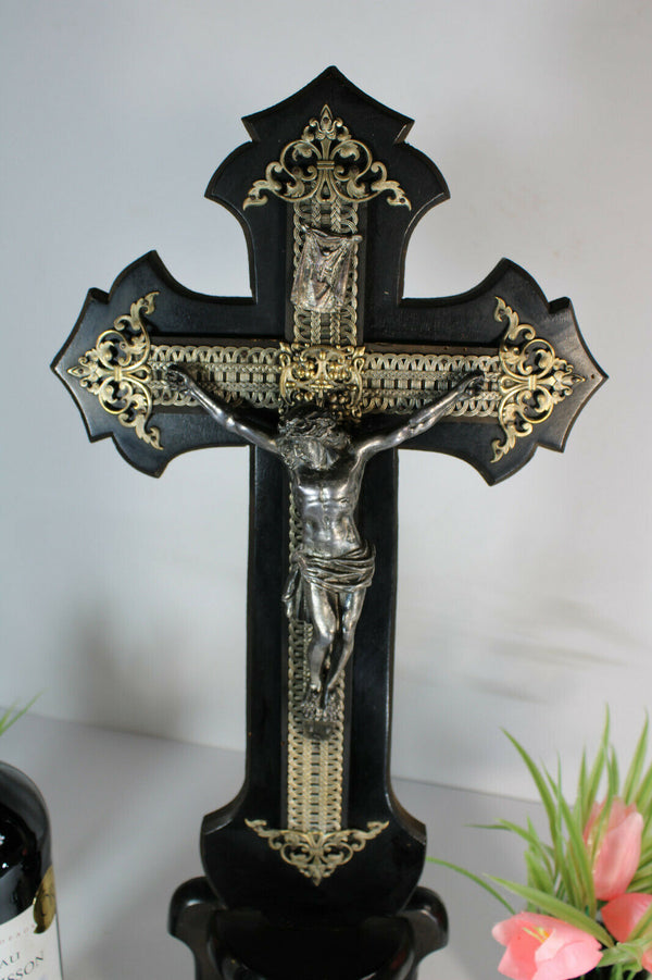 Antique 19thc Napoleon III wood carved Black lacquered Crucifix religious