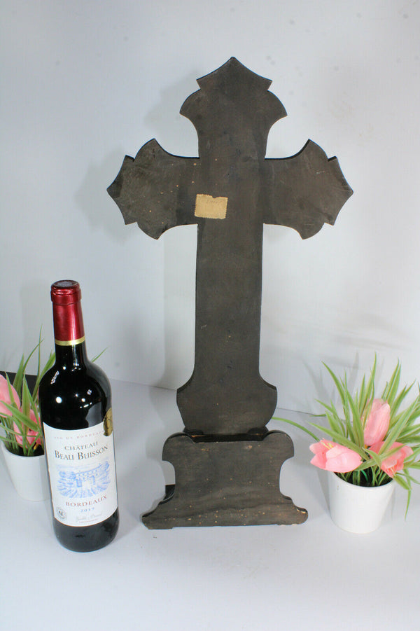 Antique 19thc Napoleon III wood carved Black lacquered Crucifix religious