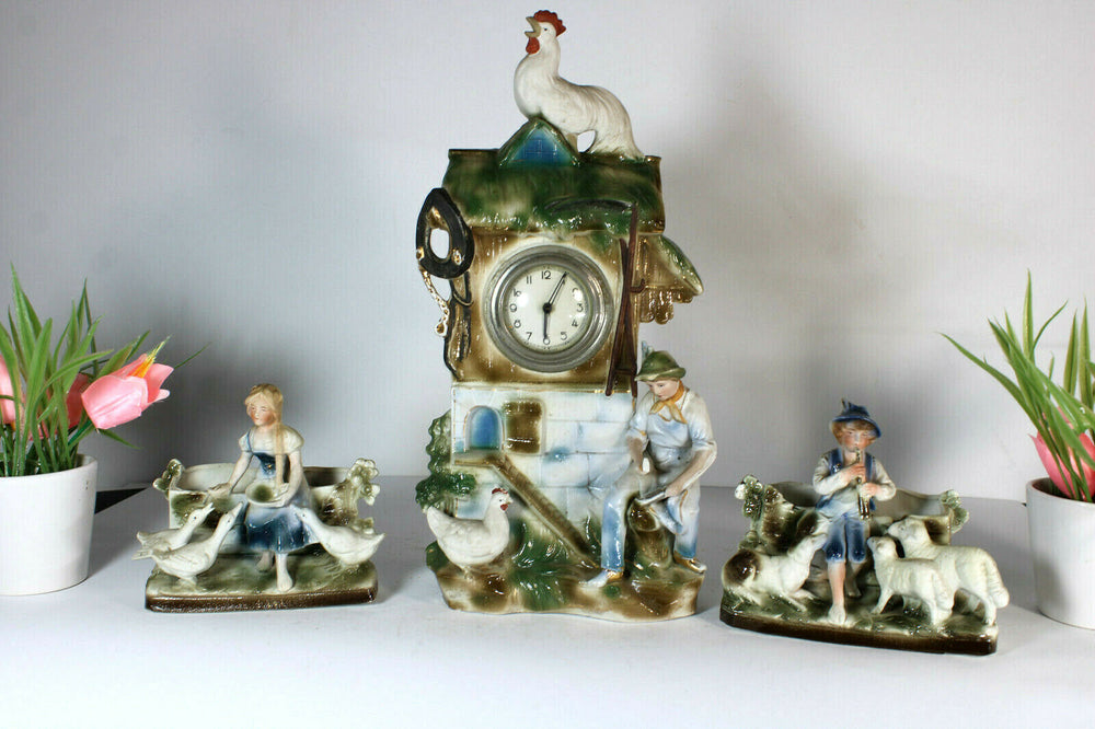 Antique German bisque porcelain mantel clock set farm rooster dog sheep
