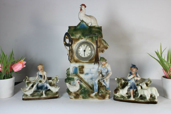 Antique German bisque porcelain mantel clock set farm rooster dog sheep