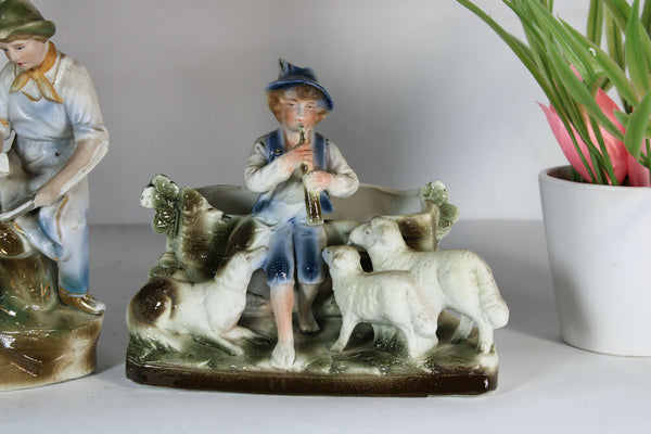 Antique German bisque porcelain mantel clock set farm rooster dog sheep