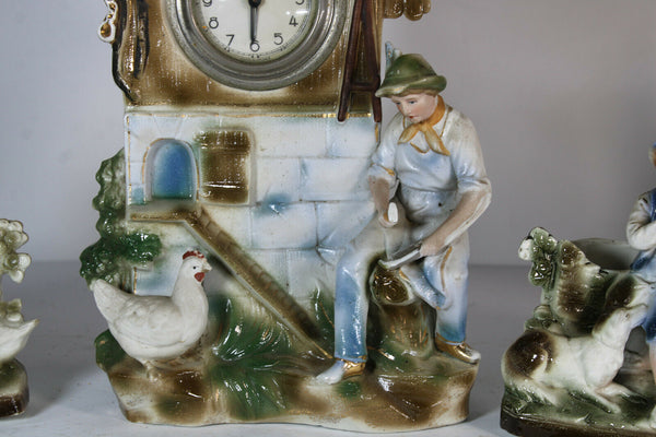 Antique German bisque porcelain mantel clock set farm rooster dog sheep