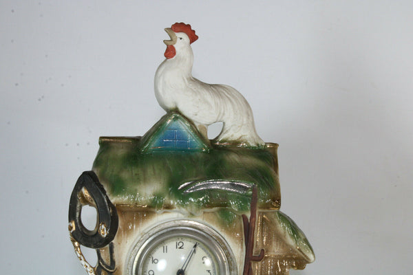 Antique German bisque porcelain mantel clock set farm rooster dog sheep