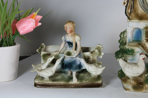 Antique German bisque porcelain mantel clock set farm rooster dog sheep