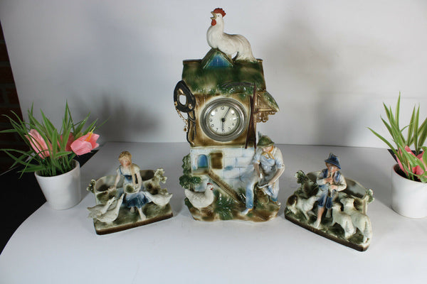 Antique German bisque porcelain mantel clock set farm rooster dog sheep