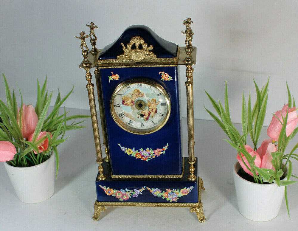 vintage french limoges cobalt blue porcelain table mantel clock cherub putti