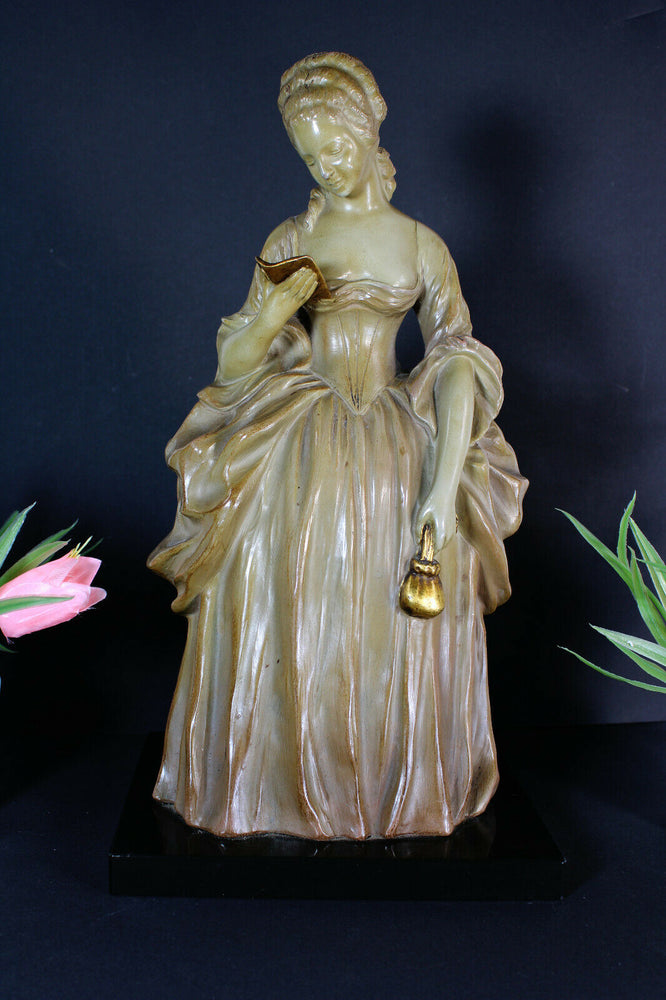 antique art deco terracotta lady figurine on marble stone base signed CARLI