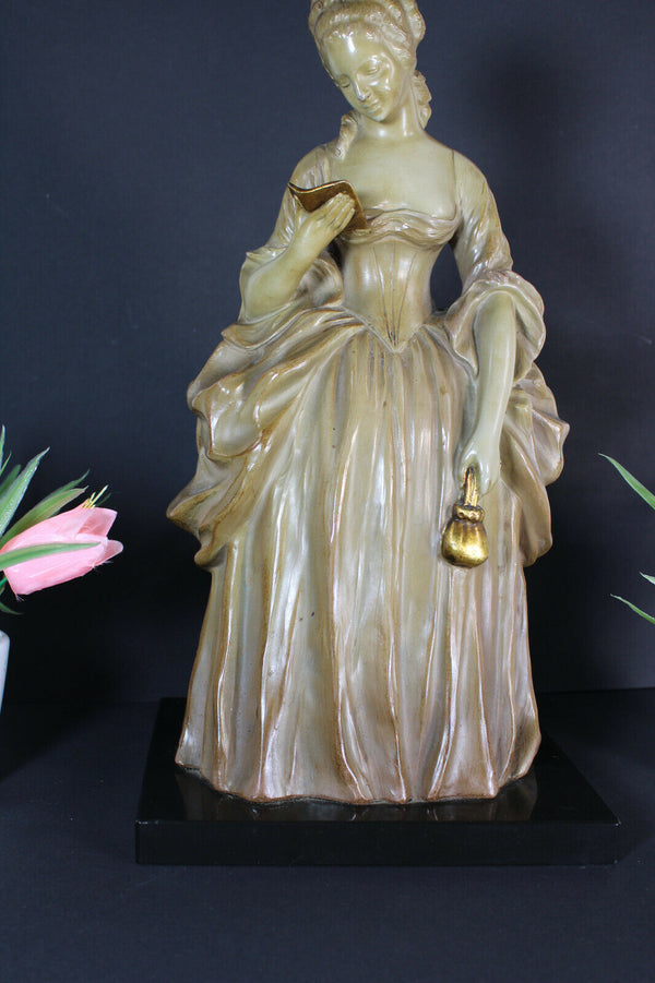 antique art deco terracotta lady figurine on marble stone base signed CARLI