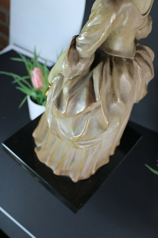 antique art deco terracotta lady figurine on marble stone base signed CARLI