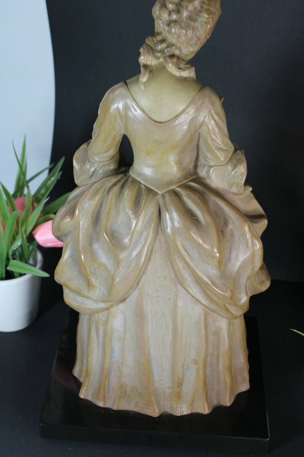 antique art deco terracotta lady figurine on marble stone base signed CARLI