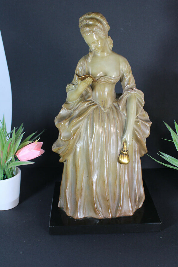 antique art deco terracotta lady figurine on marble stone base signed CARLI