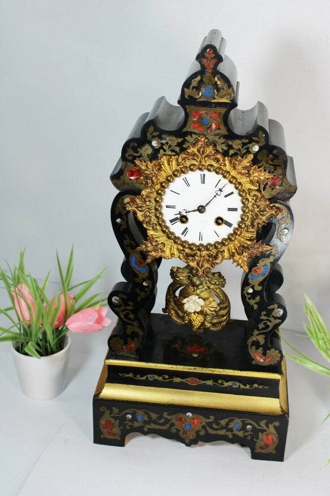Antique french napoleon III Black lacquered inlaid clock 19thc rare